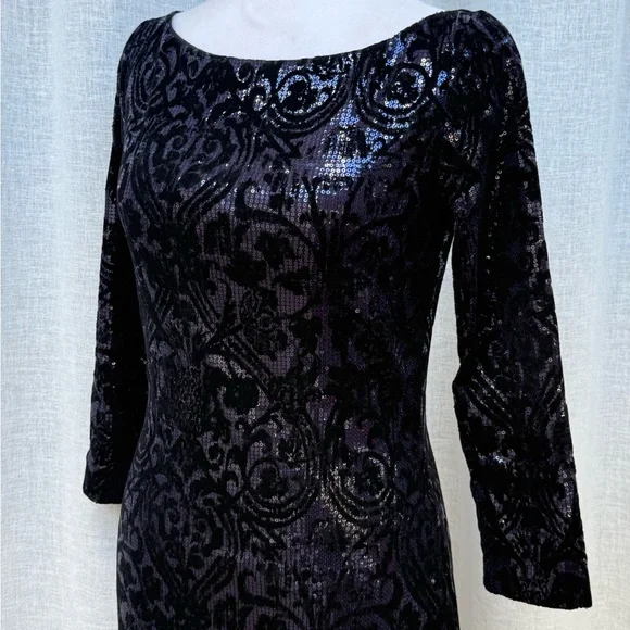 Just Cavalli black blue sequins velvet flocking long sleeve mini dress